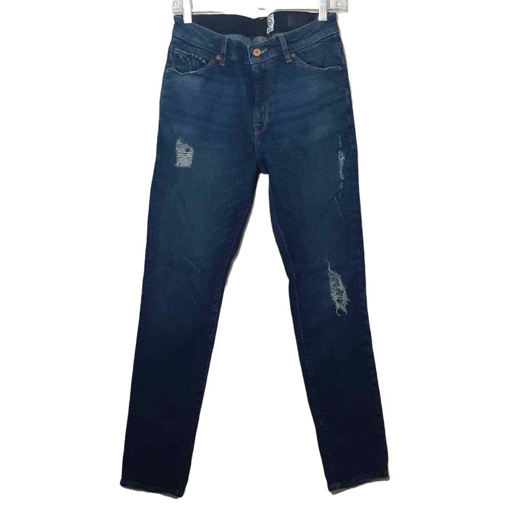 ASOS 12.5 Oz mens distressed slim straight jeans 32x32 dark blue denim 10" rise